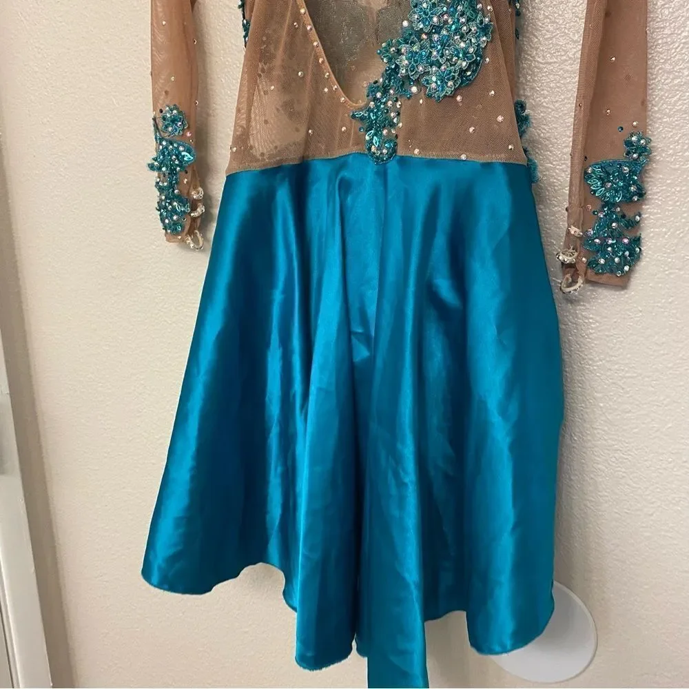 Custom Solo Dance Costume Teal Blue Lyrical Competition nude illusion SA adult